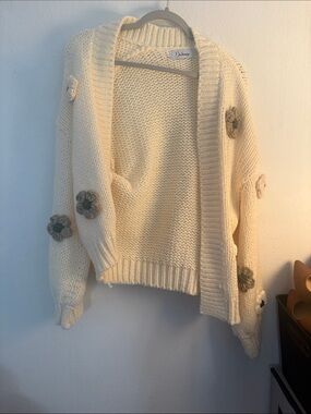 Adore Cream Open-Front Knit Cardigan with Floral Applique